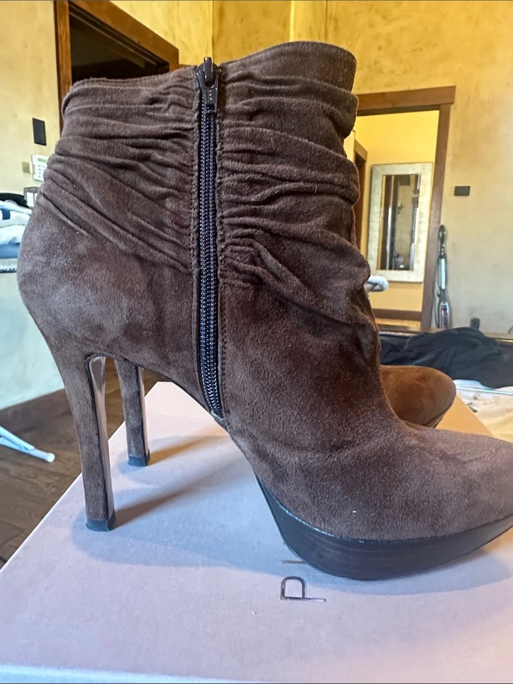 Pura Lopez Cognac Suede Ruched Ankle Booties